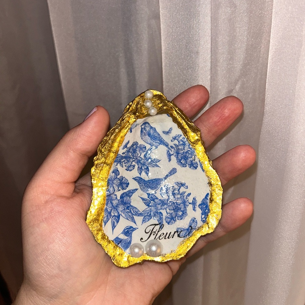 Blue and Gold Decorative Hand Crafted Oyster Shell